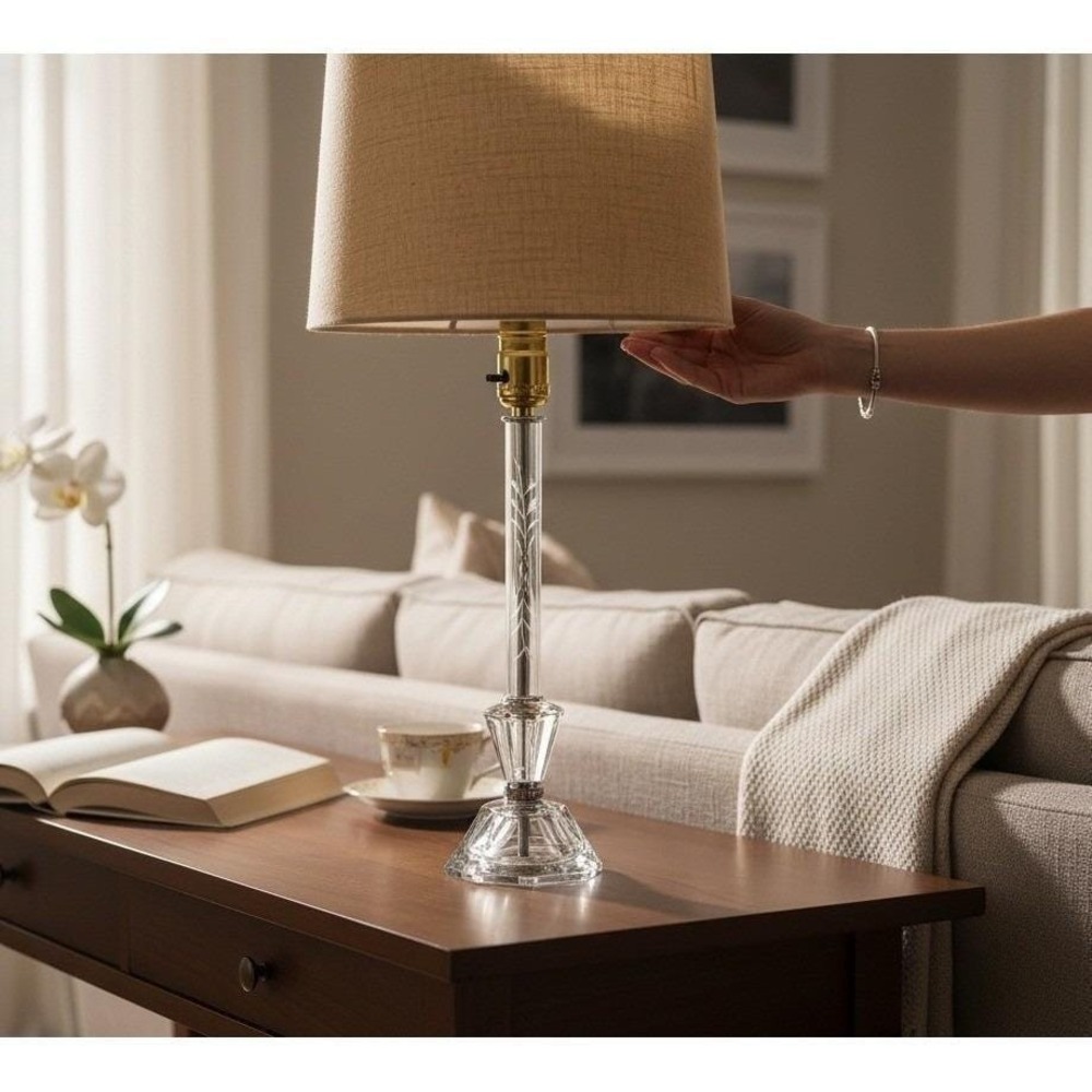 Vintage Hollywood Regency‎ Crystal Lamp Floral Etched Cut Glass Table Lamp 15"
